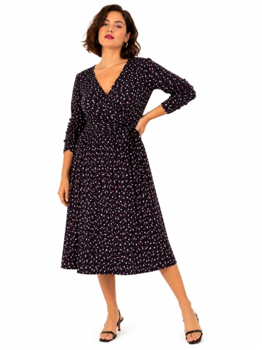 Midi Length Jersey Knit Faux Wrap Dress, Black Purple White Print XL (1X)